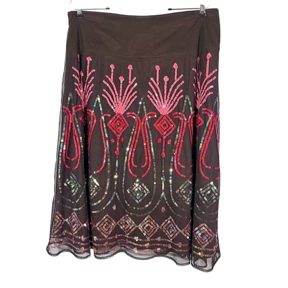 J Marco Sequin Floral Skirt 14 Brown Tulle Midi Boho Western Hippie Indie Artsy